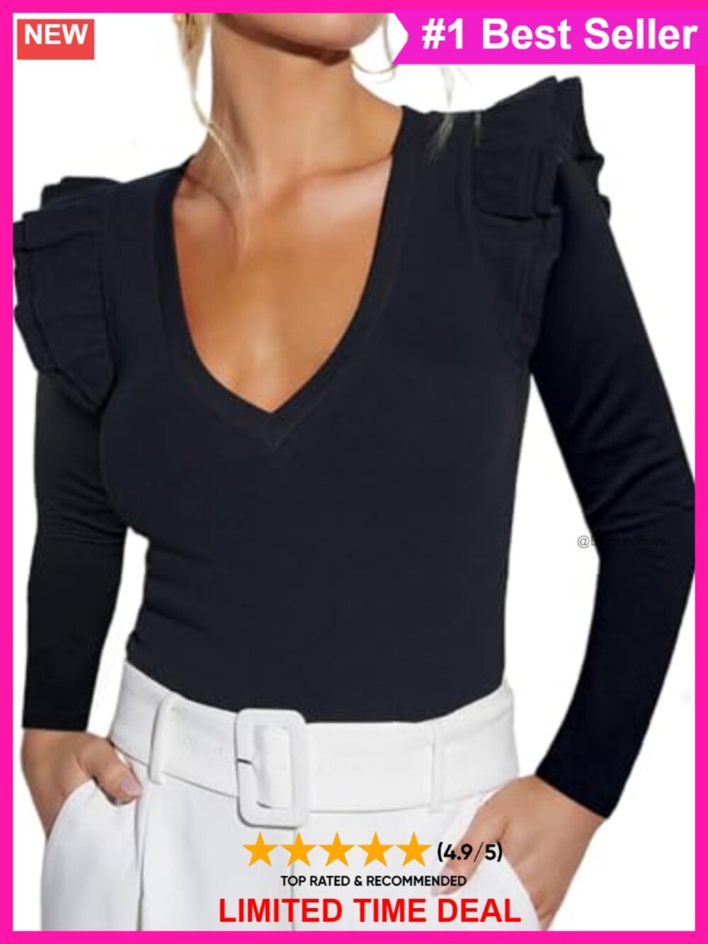 Ribbed Knit V-Neck Ruffle Long Sleeve Blouse